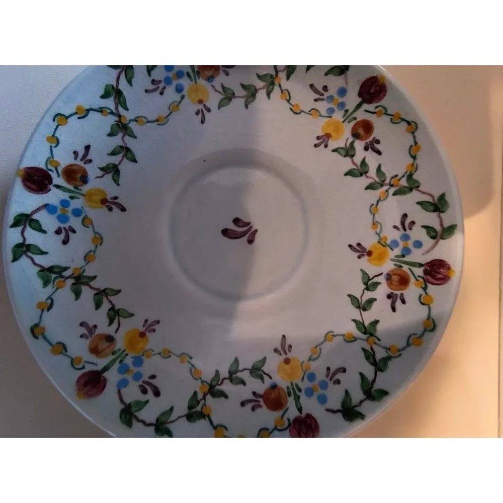 Vintage Hand Painted Portuguese Ceramic Tea‎ Cup and Saucer Floral Blue Yellow